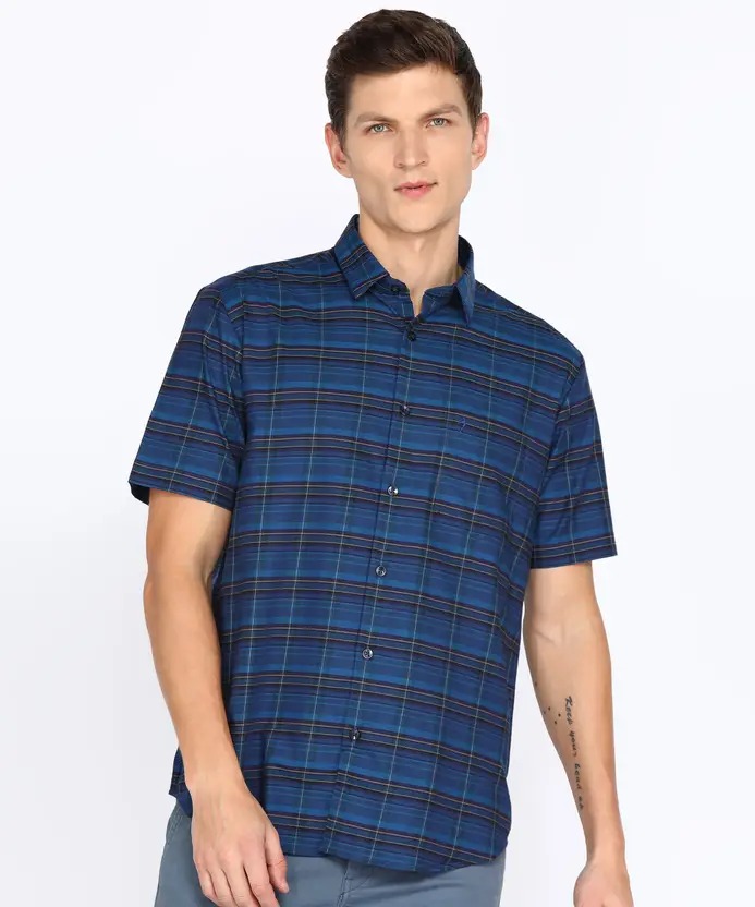 Indian Terrain Men's Slim Fit Half Sleeve Checkered Navy Shirt